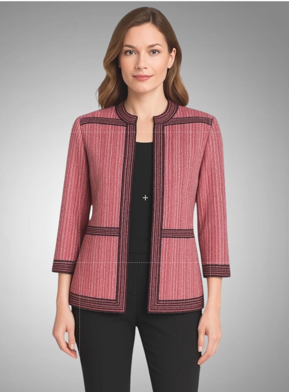 Ming Wang Womens M Open Front Knit Jacket Pink Black Trim Textured Blazer